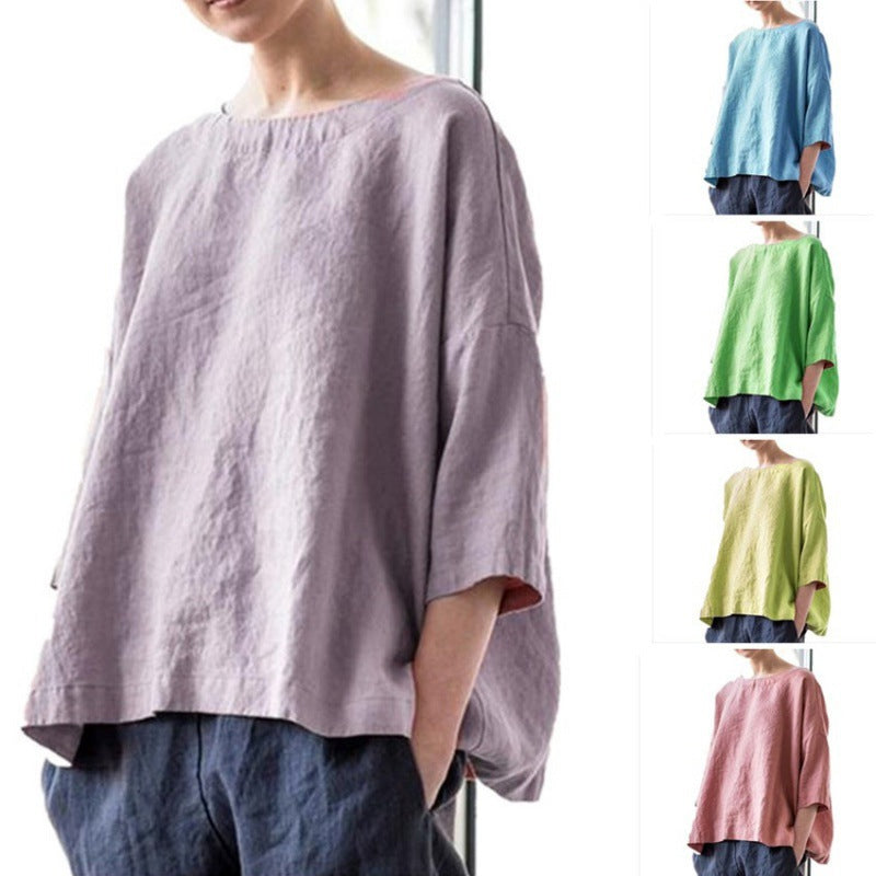 Women's Round-Neck Cotton and Linen Loose Top