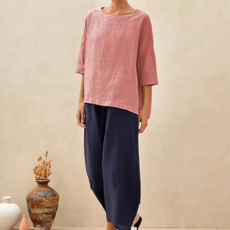 Women's Round-Neck Cotton and Linen Loose Top