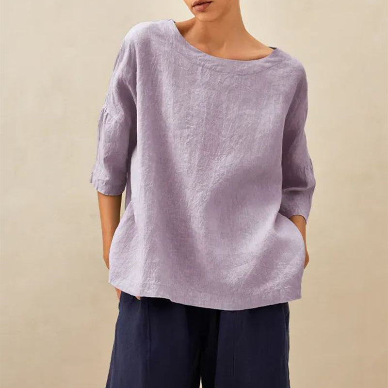 Women's Round-Neck Cotton and Linen Loose Top