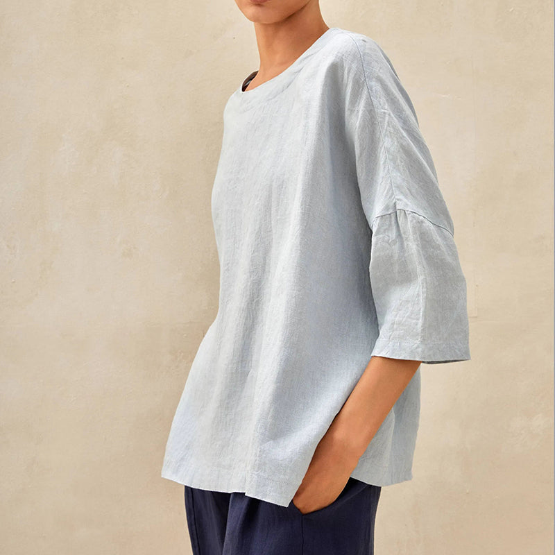 Women's Round-Neck Cotton and Linen Loose Top