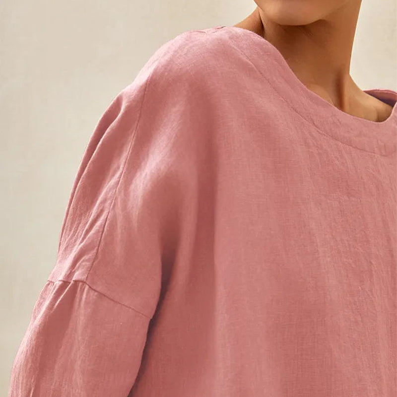 Women's Round-Neck Cotton and Linen Loose Top