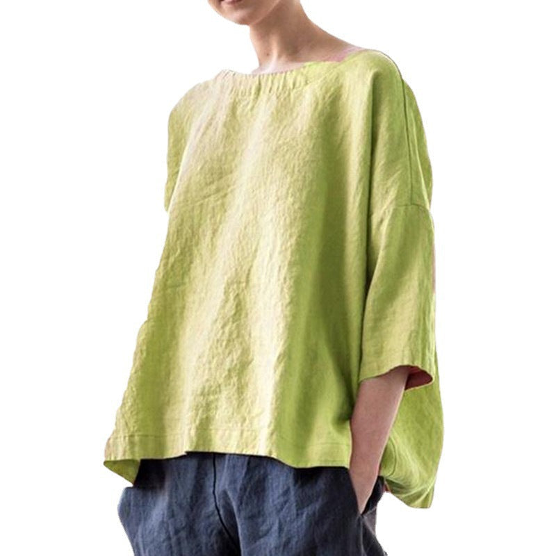 Women's Round-Neck Cotton and Linen Loose Top