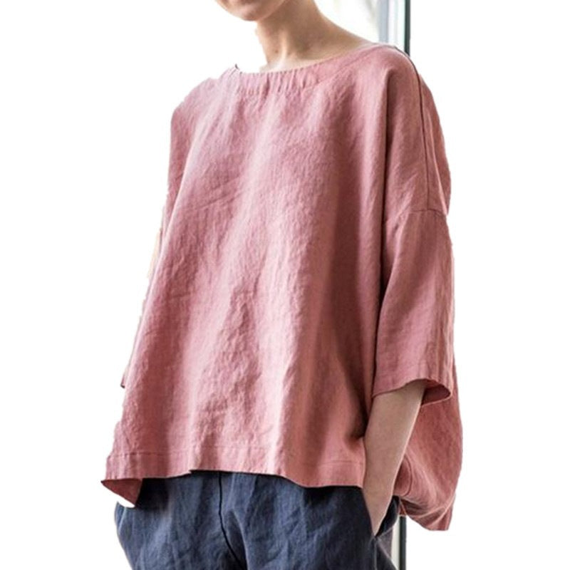 Women's Round-Neck Cotton and Linen Loose Top