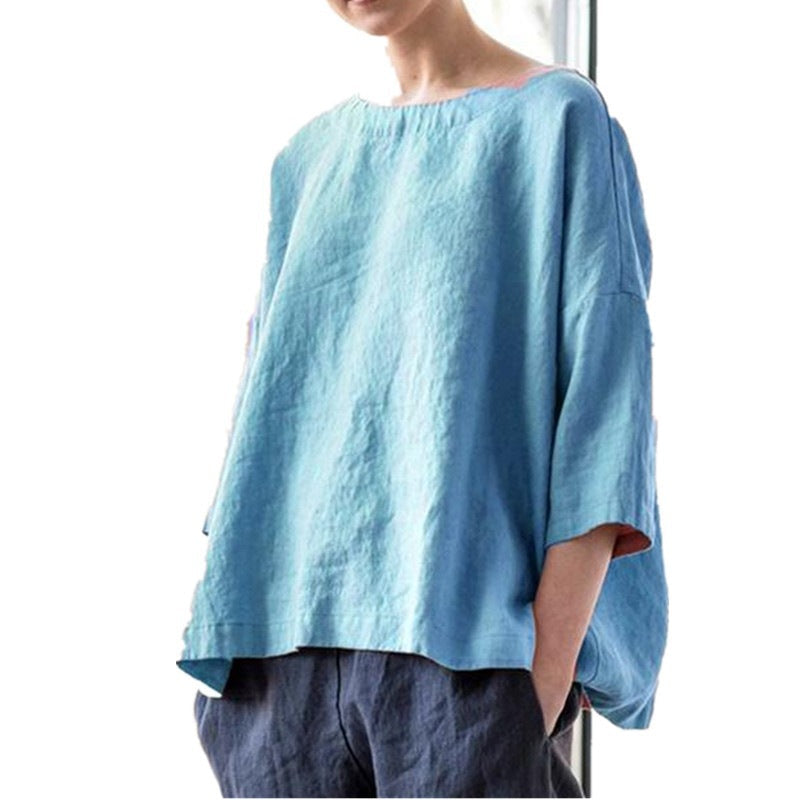 Women's Round-Neck Cotton and Linen Loose Top