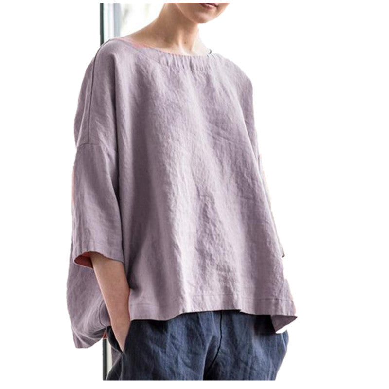 Women's Round-Neck Cotton and Linen Loose Top