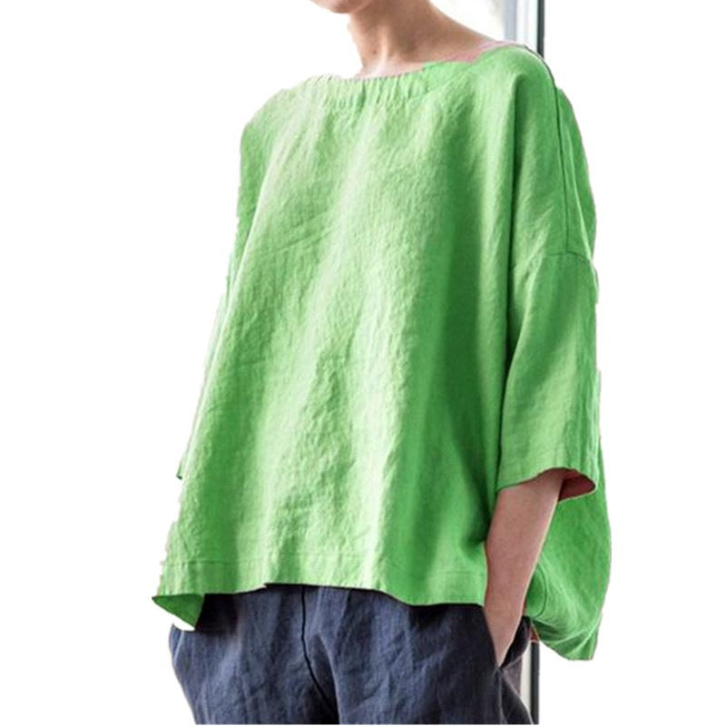 Women's Round-Neck Cotton and Linen Loose Top