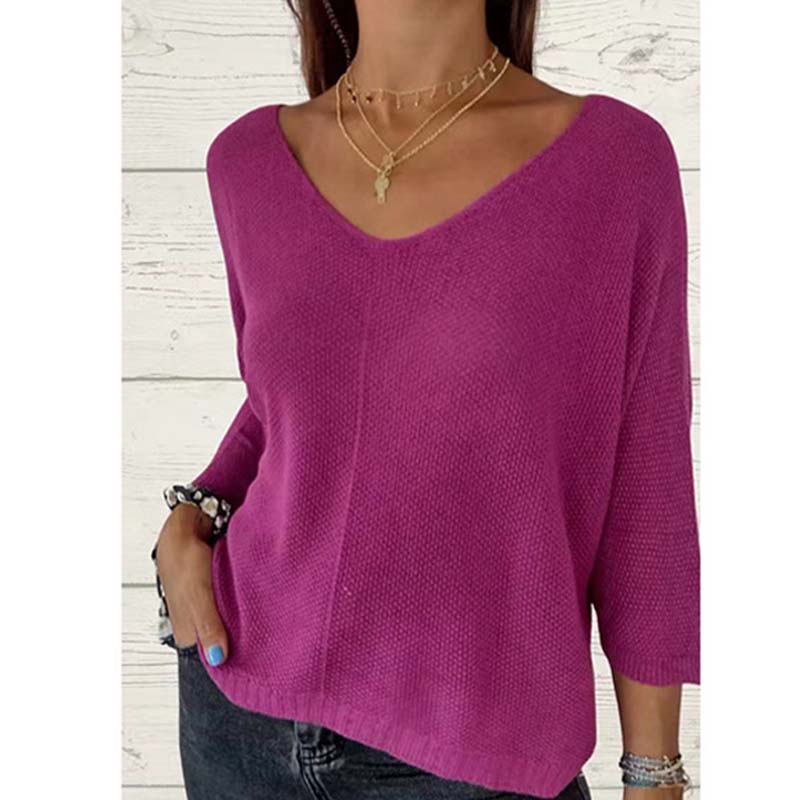 Women's Batwing Sleeve Solid Color V-Neck Knit Top