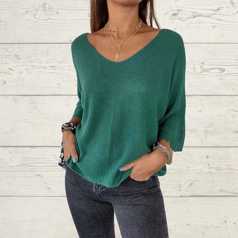 🔥Hot Sales - 60% OFF💕Women's Batwing Sleeve Solid Color V-Neck Knit Top