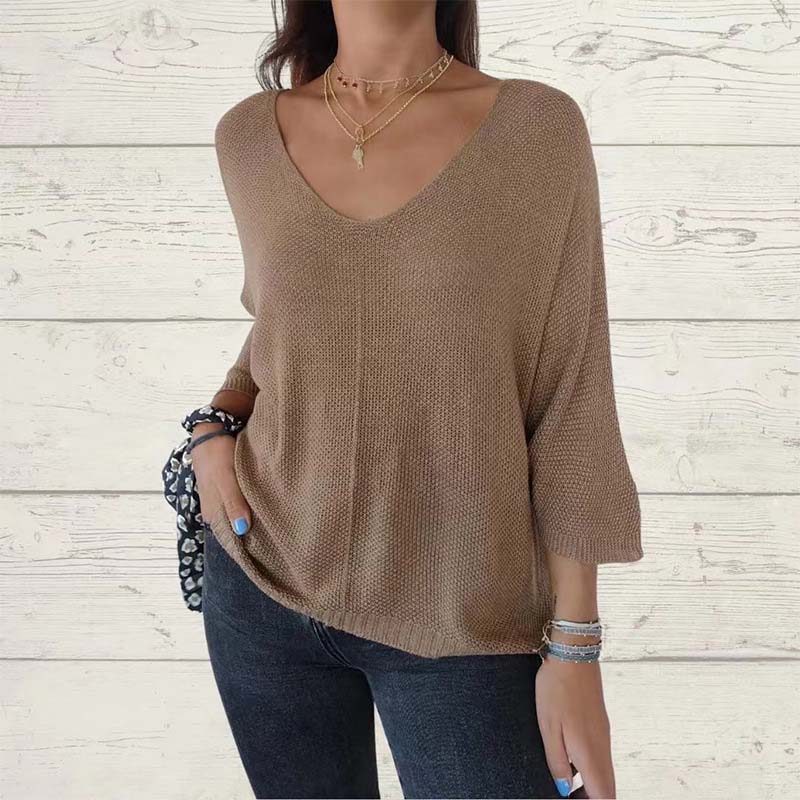 🔥Hot Sales - 60% OFF💕Women's Batwing Sleeve Solid Color V-Neck Knit Top