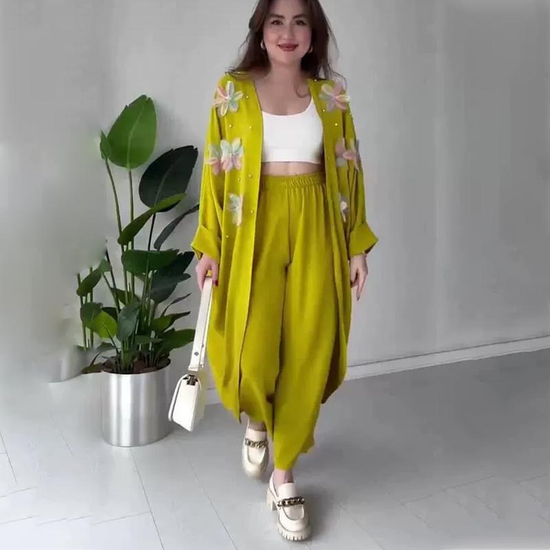 Women’s Casual Delicate Flower Long Cardigan and Pants Set