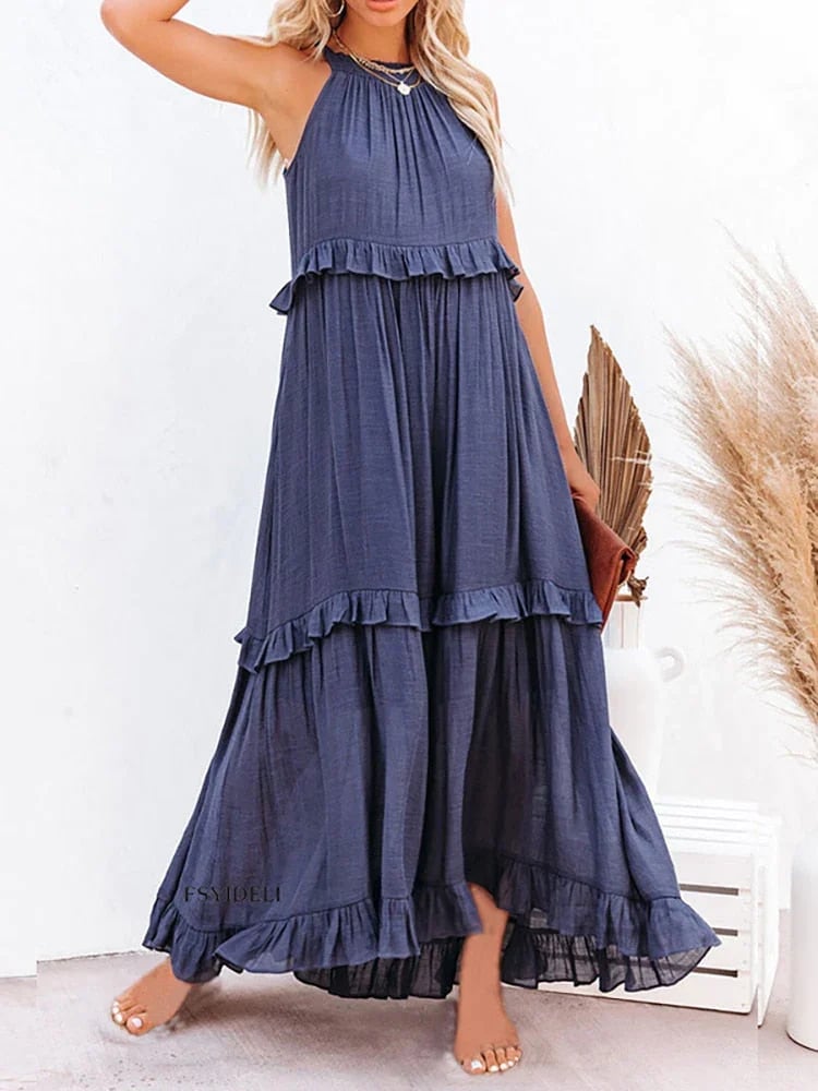 Women's Summer Casual Sleeveless Strappy Backless flounces Dress