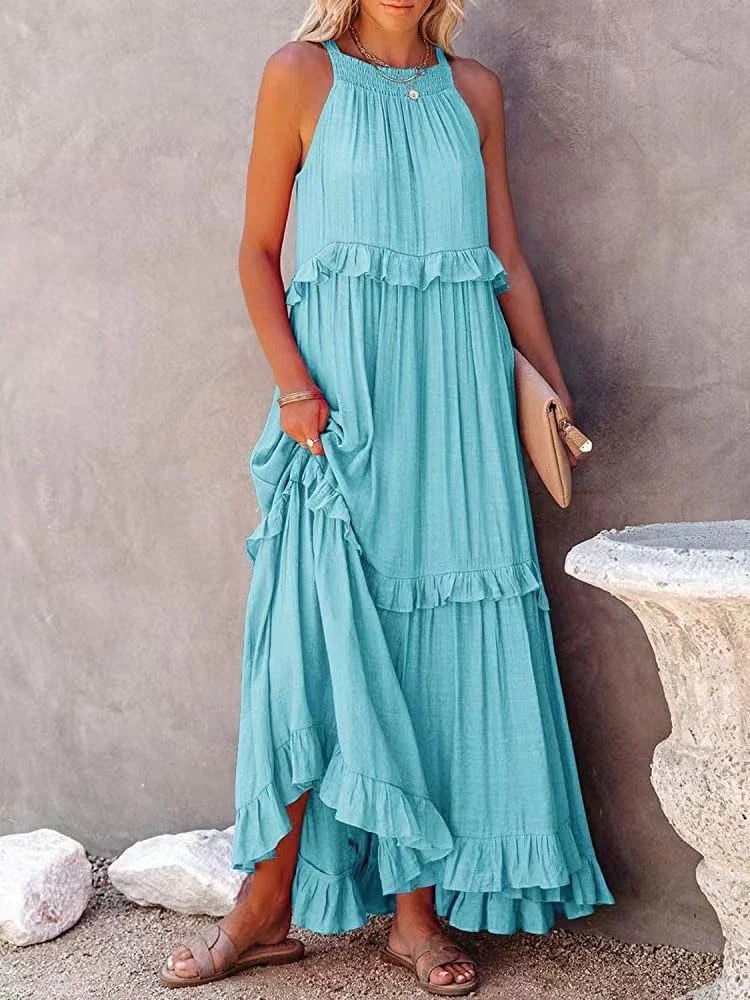 Women's Summer Casual Sleeveless Strappy Backless flounces Dress