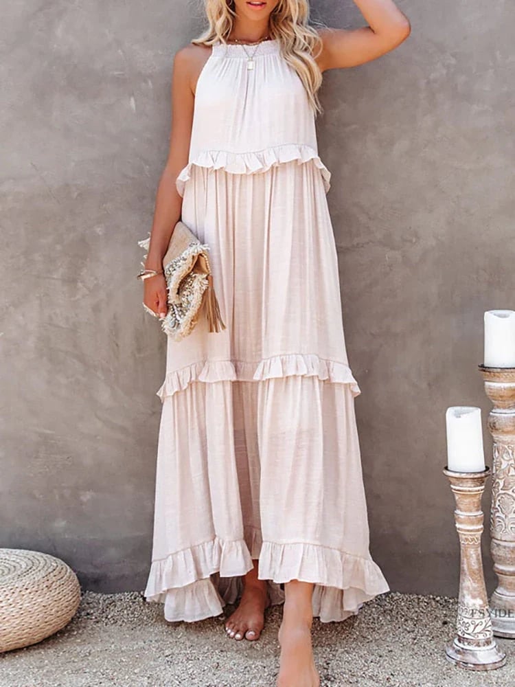 Women's Summer Casual Sleeveless Strappy Backless flounces Dress