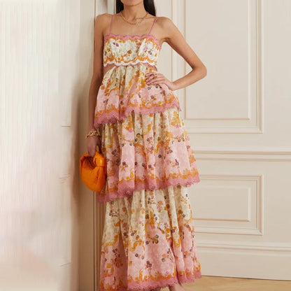 Fashion Floral Spaghetti Strap Tiered Layered Dress