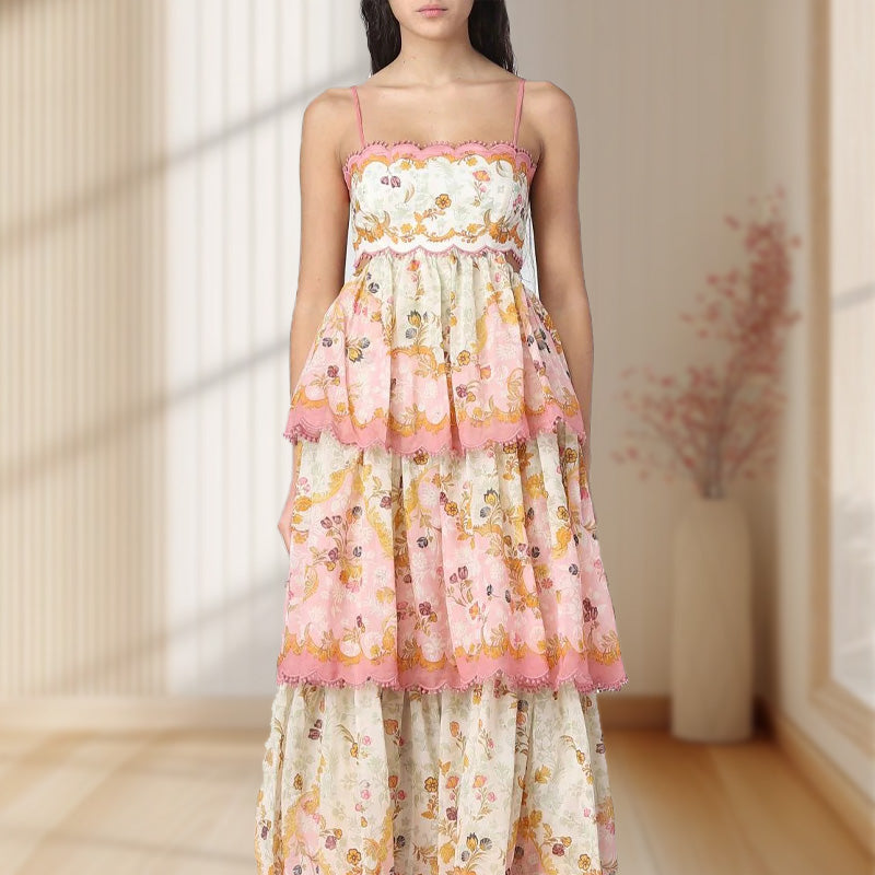 Fashion Floral Spaghetti Strap Tiered Layered Dress