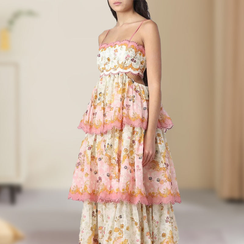 Fashion Floral Spaghetti Strap Tiered Layered Dress