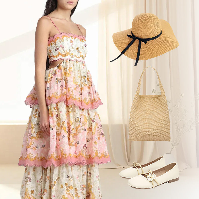 Fashion Floral Spaghetti Strap Tiered Layered Dress