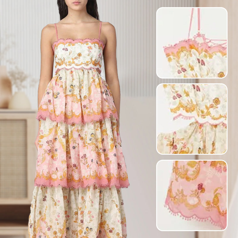 Fashion Floral Spaghetti Strap Tiered Layered Dress