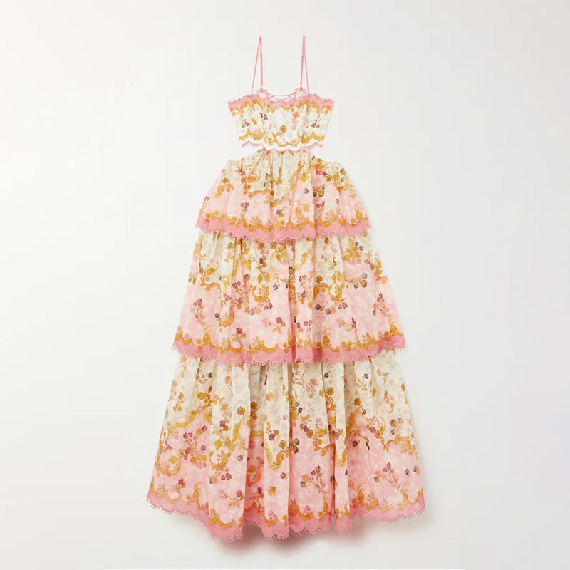 Fashion Floral Spaghetti Strap Tiered Layered Dress