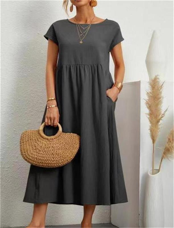 2024 Spring Fashion Solid Color Cotton Linen Pocket Dress