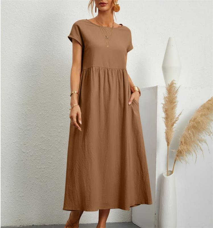 2024 Spring Fashion Solid Color Cotton Linen Pocket Dress