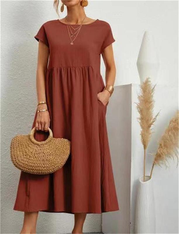 2024 Spring Fashion Solid Color Cotton Linen Pocket Dress