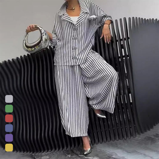 Striped Lapel Jacket Wide Leg Pants 2-Piece Set