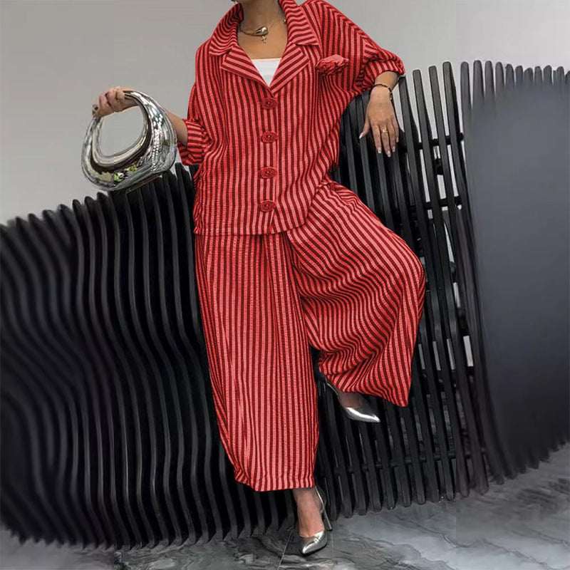 Striped Lapel Jacket Wide Leg Pants 2-Piece Set