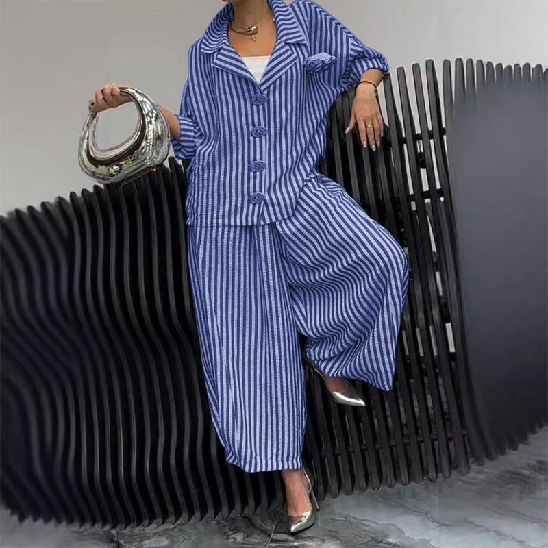 Striped Lapel Jacket Wide Leg Pants 2-Piece Set