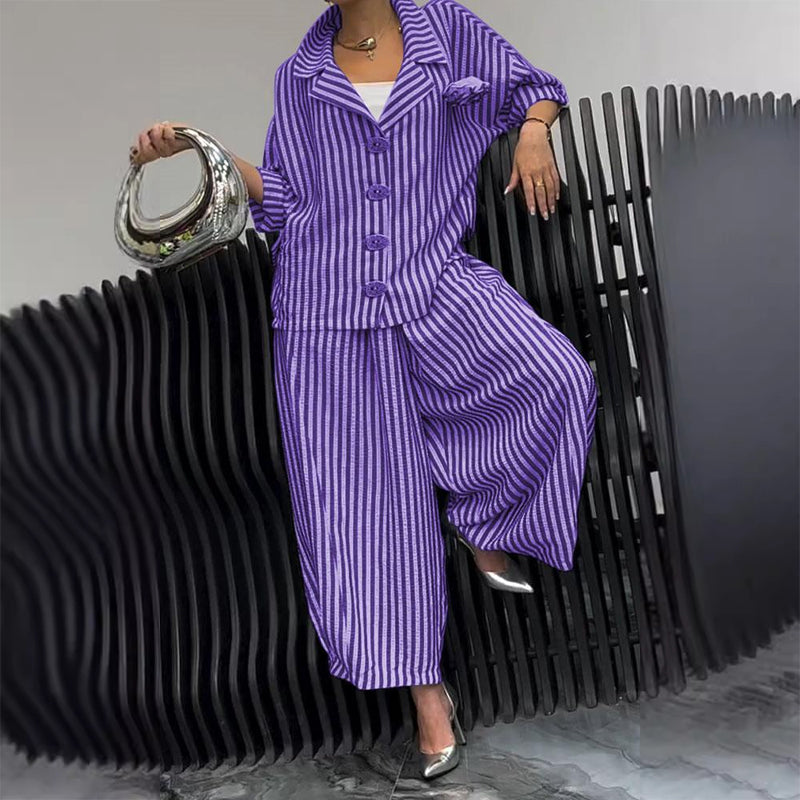 Striped Lapel Jacket Wide Leg Pants 2-Piece Set