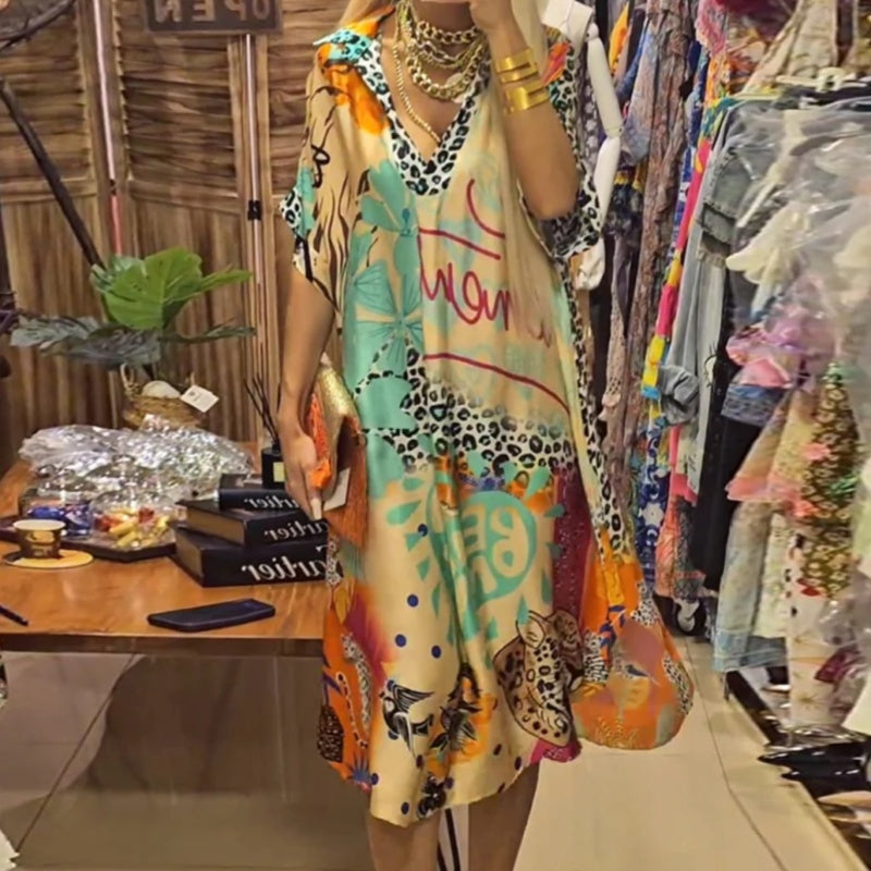 🎉2025 New Products Hot Sale✨Women’s Deep V-Neck Short Sleeve Printed Dress