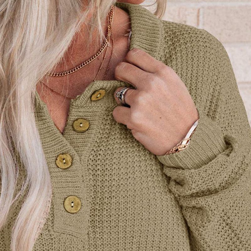 Women's Casual Loose Button Neck Waffle Knit Sweater