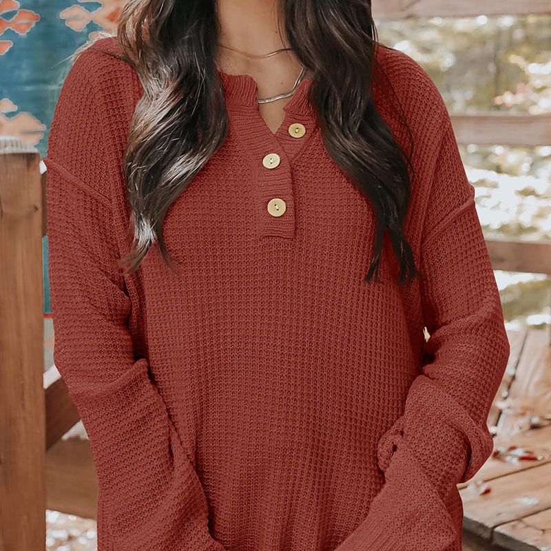 Women's Casual Loose Button Neck Waffle Knit Sweater