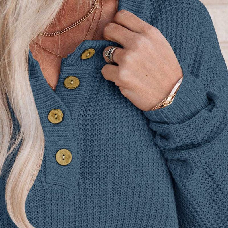 Women's Casual Loose Button Neck Waffle Knit Sweater