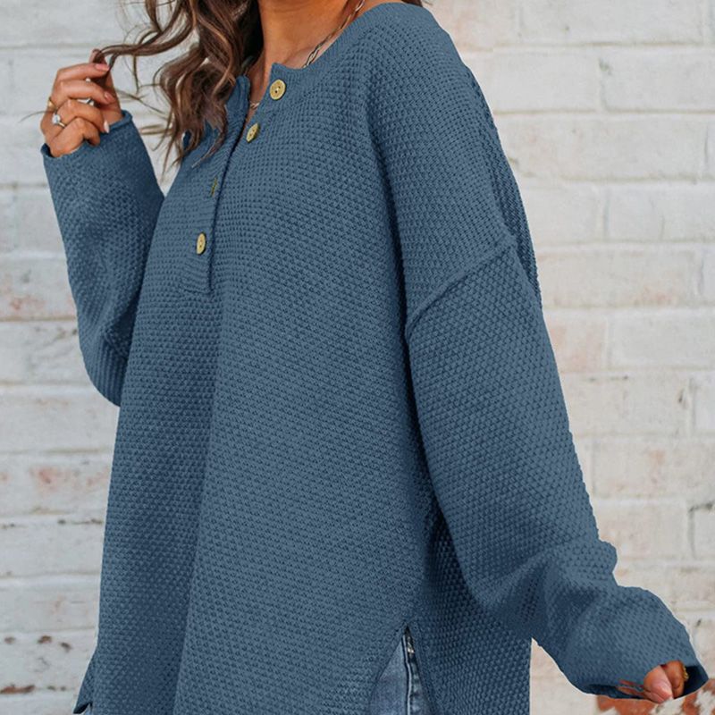 Women's Casual Loose Button Neck Waffle Knit Sweater