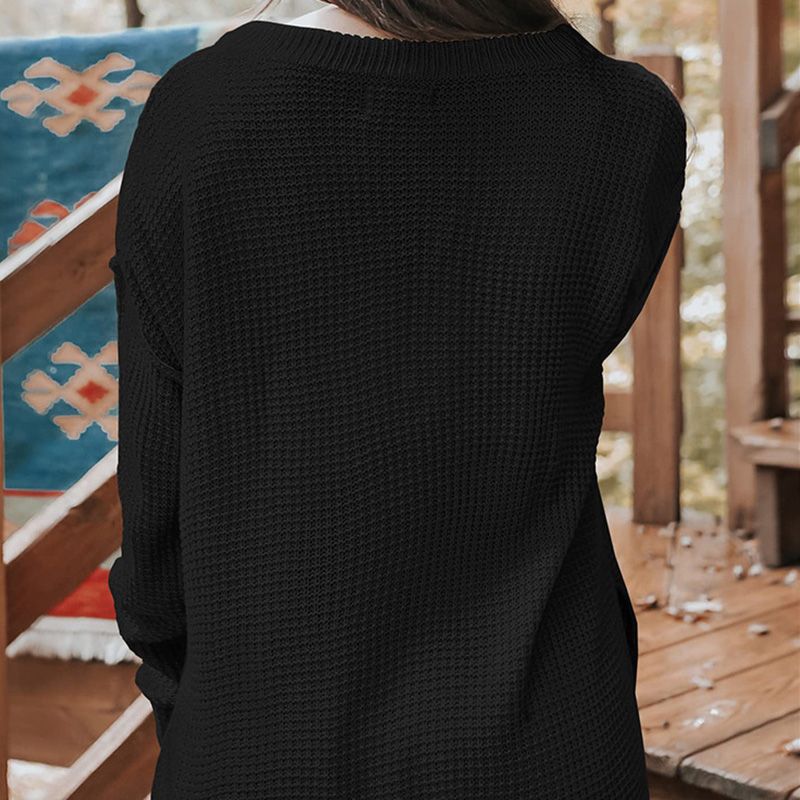 Women's Casual Loose Button Neck Waffle Knit Sweater