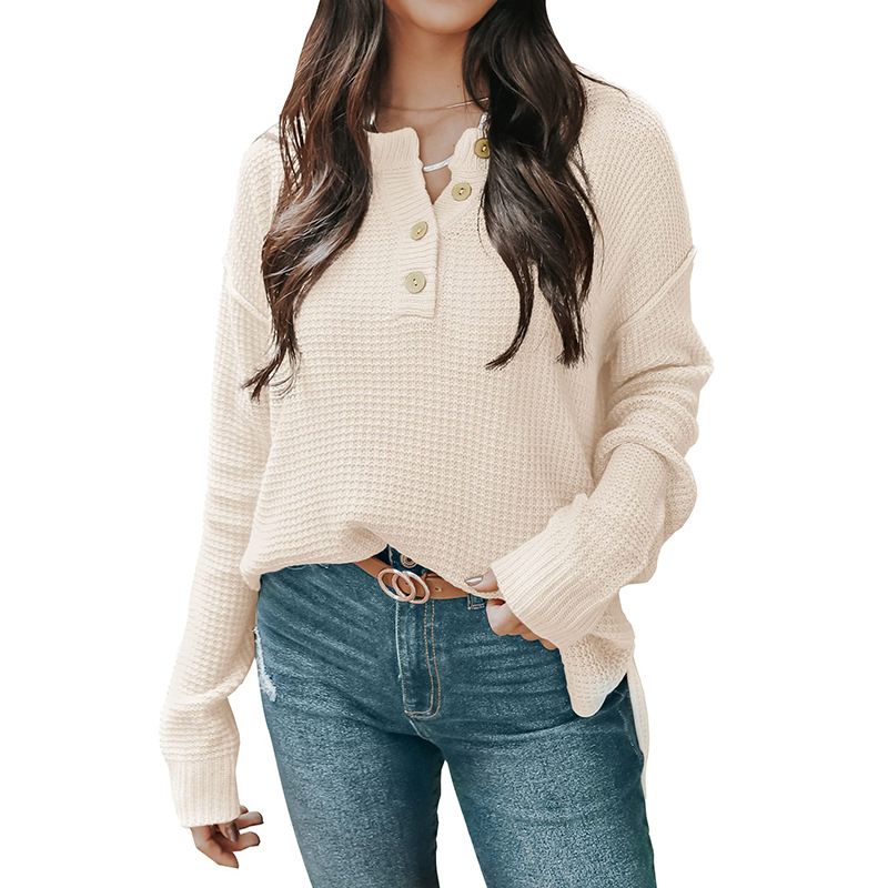 Women's Casual Loose Button Neck Waffle Knit Sweater