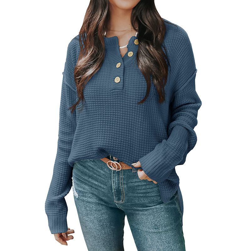 Women's Casual Loose Button Neck Waffle Knit Sweater