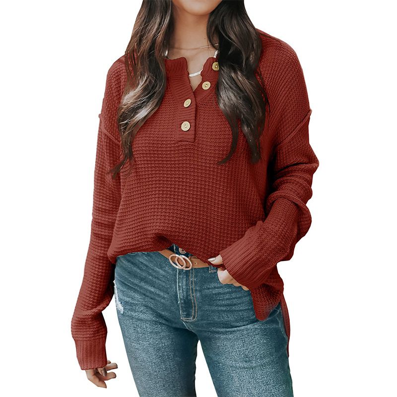 Women's Casual Loose Button Neck Waffle Knit Sweater