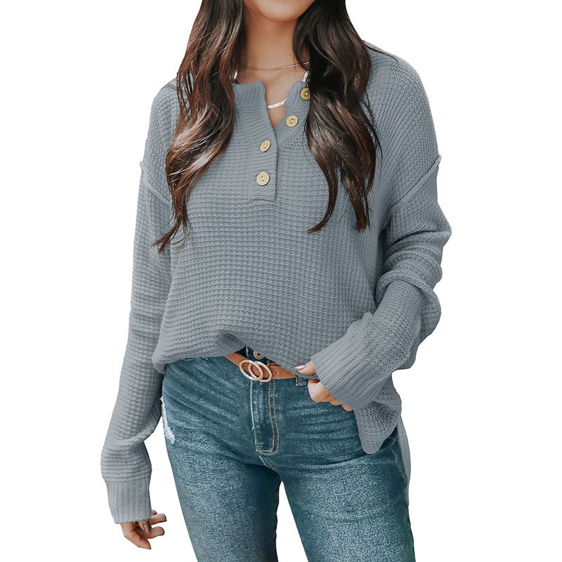 Women's Casual Loose Button Neck Waffle Knit Sweater