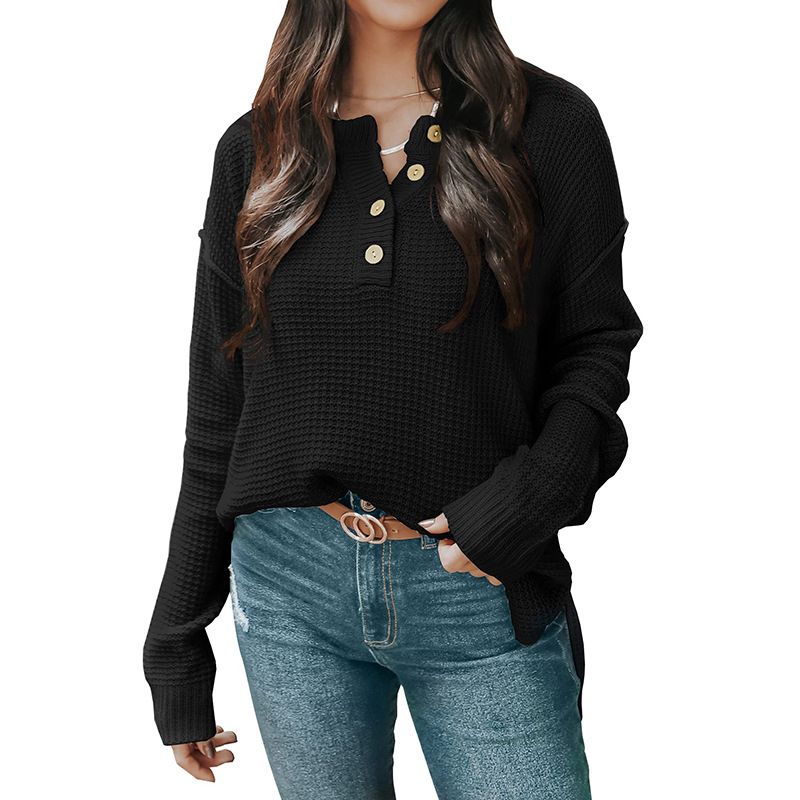 Women's Casual Loose Button Neck Waffle Knit Sweater