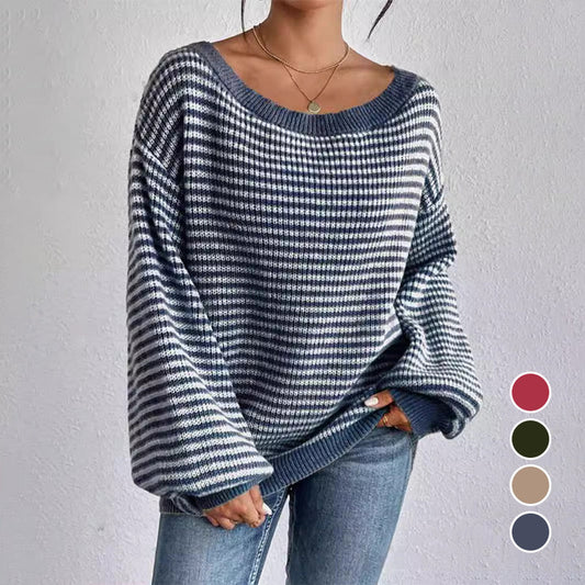 Women's Loose-Fit Off-Shoulder Striped Knit Sweater