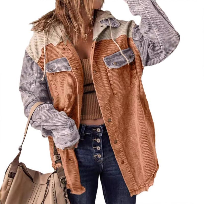 Women's Casual Corduroy Hooded Color Block Jacket