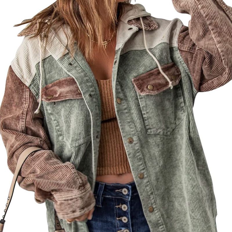 Women's Casual Corduroy Hooded Color Block Jacket