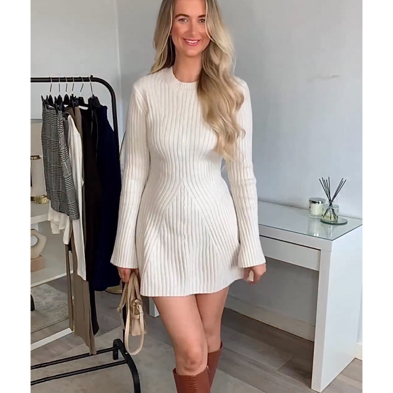 ✨New Arrival✨Solid Color Round Neck Knit Long Sleeve Mini Dress