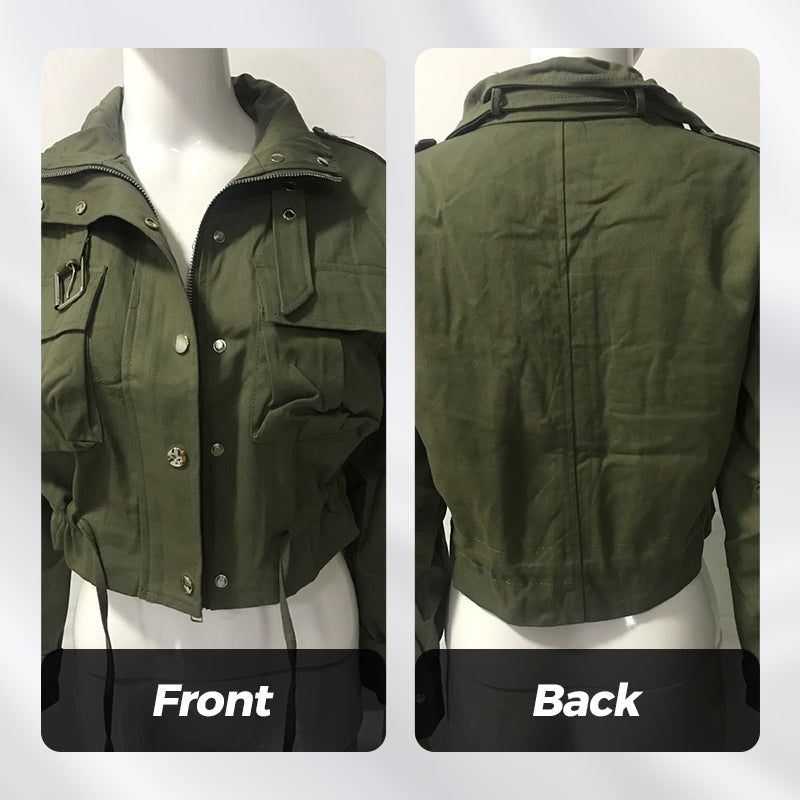 Stand Collar Snap Button Drawstring Pocket Jacket