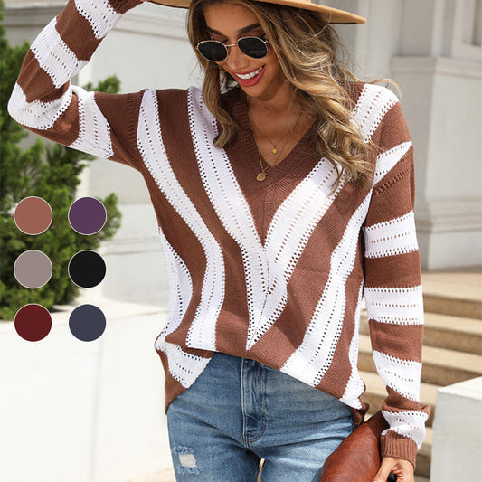 Women's Casual V-Neck Striped Knit Sweater