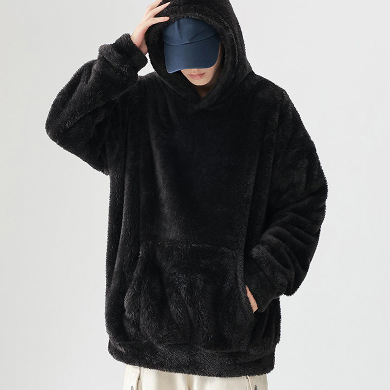 Men's Solid Color Thickened Loose Fuzzy Hooded Sweatshirt