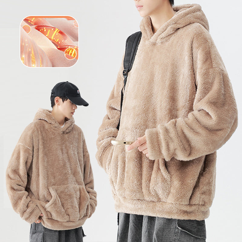 Men's Solid Color Thickened Loose Fuzzy Hooded Sweatshirt