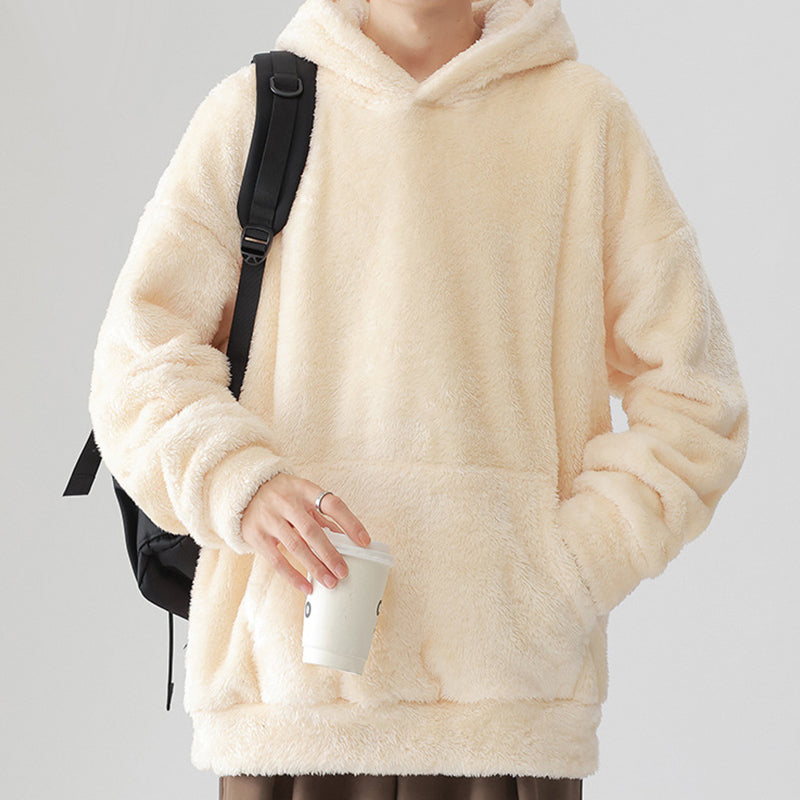 Men's Solid Color Thickened Loose Fuzzy Hooded Sweatshirt